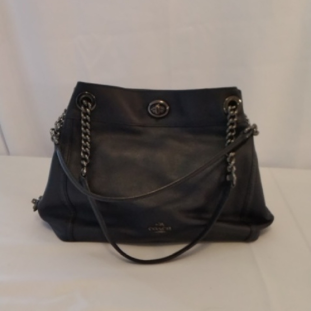 Coach Dark Navy Leather Shoulder Bag with Chain Straps